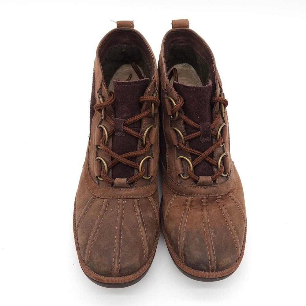 UGG Heather Womens 7.5 Duck Rain Ankle Boot Coconut Shell Brown Leather Lace Up - Picture 4 of 9